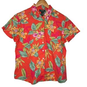 Ralph Lauren LRL Womens Flora Print Linen Short Sleeve Button Up Shirt Medium